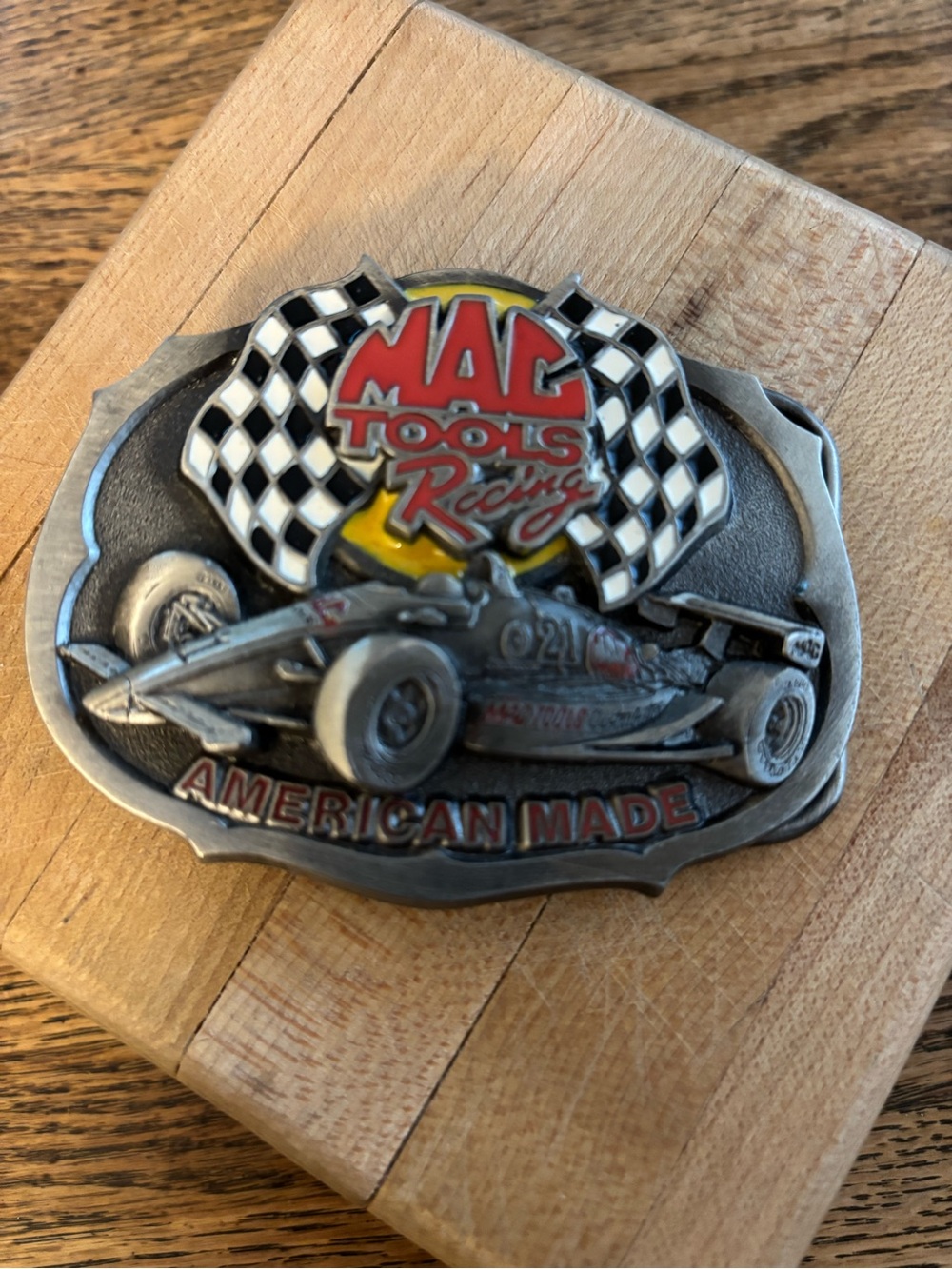 Vintage Mac Tools Racing Belt Buckle - Silver/Red/Yellow